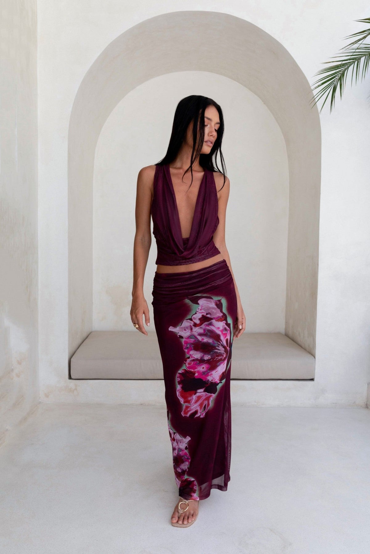 Bloom At Dawn Mesh Maxi Skirt Plum
