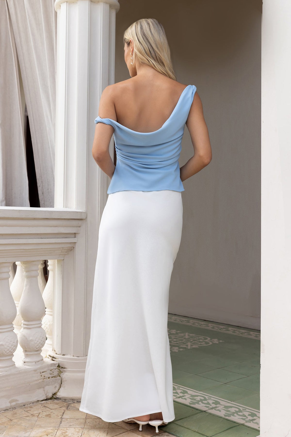 Smart Casual Tailored Off Shoulder Top Blue